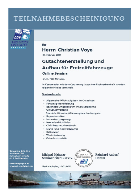 Teilnahmebestätigung CGF Christian Voye - Gutachtenerstellung und Aufbau für Freizeitfahrzeuge