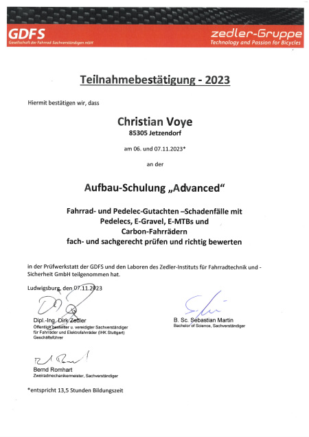 Teilnahmebestätigung Christian Voye - Aufbau-Schulung Advanced" Fahrrad- und Pedelec Gutachten
