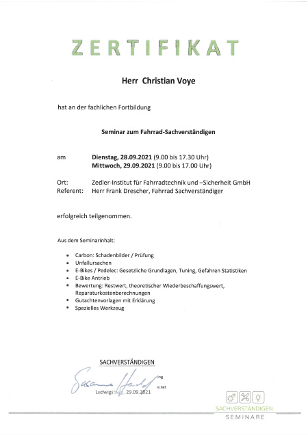 Zertifikat Christian Voye - Seminar zum Fahrrad-Sachverständigen