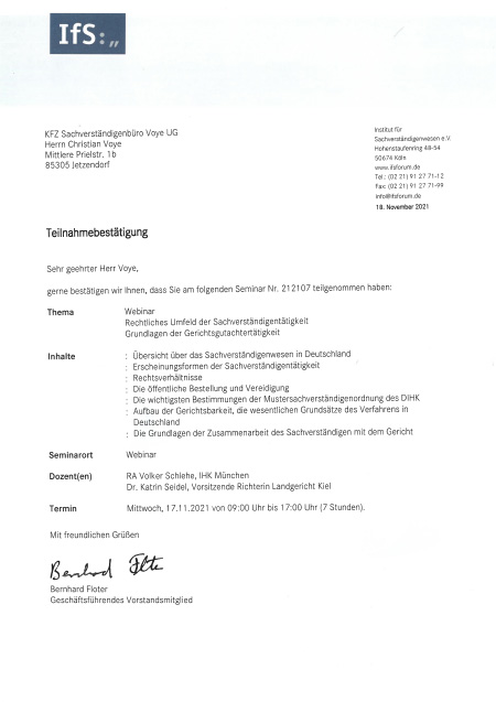 Ifs Teilnahmebestätigung Christian Voye - Grundlagen der Gerichtsgutachtertätigkeit