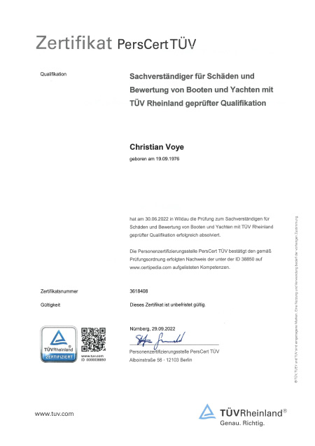 Zertifikat PersCert TÜV Boote und Yachten Christian Voye
