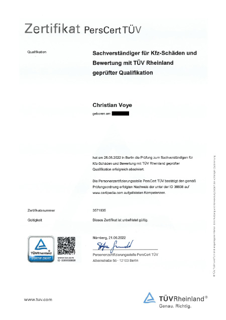 Zertifikat PersCert TÜV Kfz-Schäden und Bewertungen Christian Voye