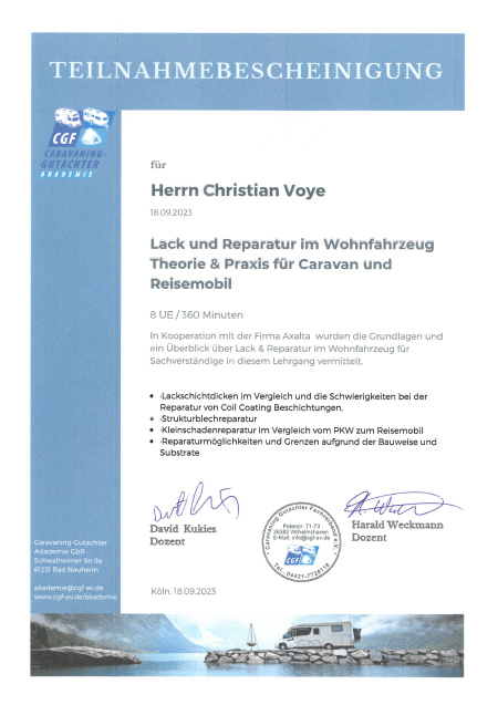 Teilnahmebescheinigung Lack und Reparatur Wohnmobil Christian Voye