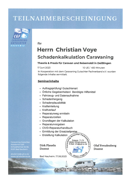 Zertifikat Caravaning Gutachter Kalkulation Christian Voye